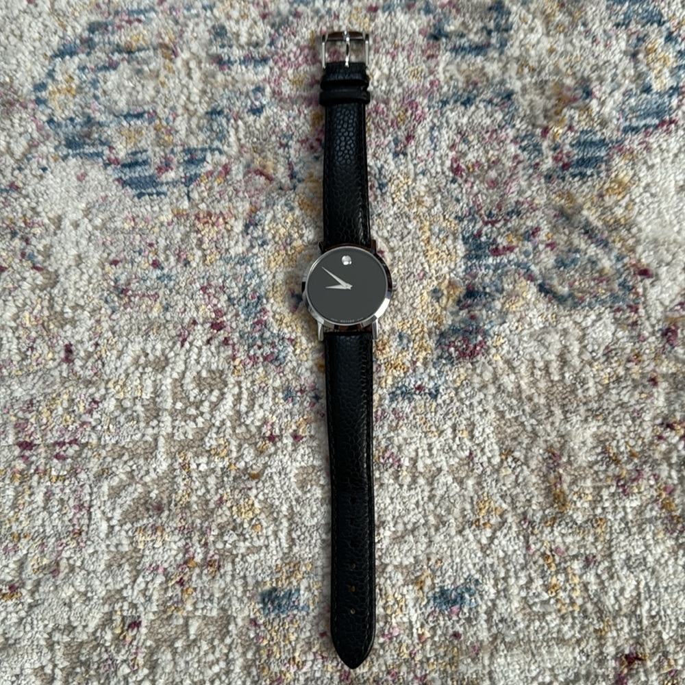 Movado Museum collection women’s silver watch with black leather band. - Picture 5 of 11